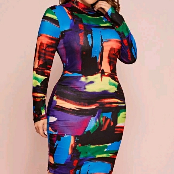 #8 Brand New Plus Multicolor Bodycon Long Sleeve Dress - Picture 4 of 9